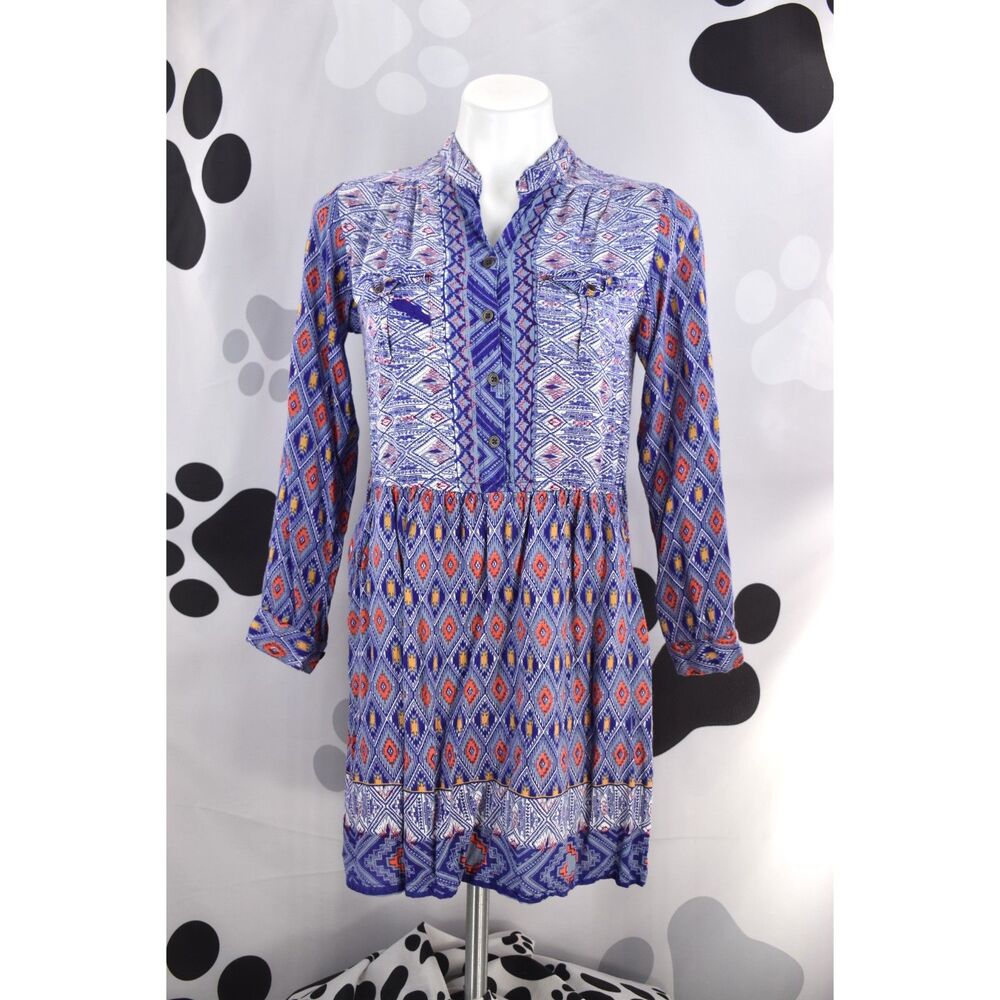 Angie Boho Peasant Mini Dress Button Neck Mixed Print Multi Color Blue Medium